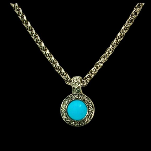 Turquoise round pendant necklace with small crystals on thick silver chain - Picture 5 of 12